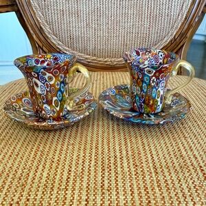 Murano Millefiori Blown Glass Tea Cup/Saucer-Set of Two